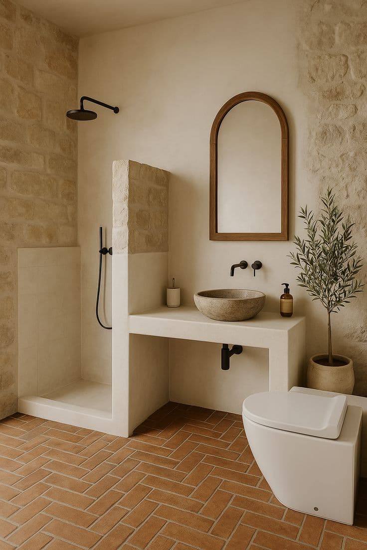 a bathroom with a toilet, sink and mirror in it's corner area next to a window, classique, tadelakt