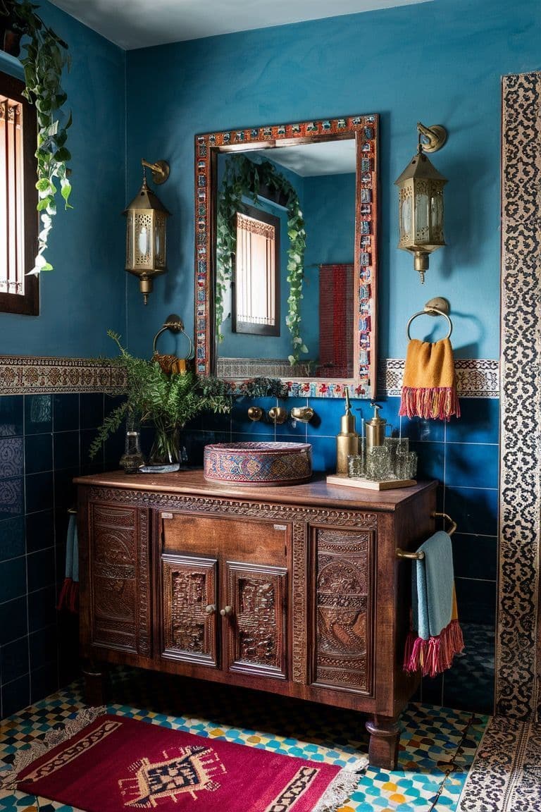 Transform your space with these boho bathroom ideas! Discover creative decor tips featuring unique designs, natural elements, and vibrant colors. Embrace the bohemian style with patterned tiles, eclectic accessories, and lush greenery. Create a relaxing and stylish oasis with these inspiring suggestions. Boho Bathroom Colorful, Colorful Boho Bathroom Wallpaper, Boho Colorful Bathroom, Boho Bathroom Blue, Colorful Bohemian Bathroom, Bathroom Bohemian Style, Boho Bathrooms Bohemian, Bohemian Bathroom With Teal Tiles, Moroccan Style Bathroom With Orange Walls, marocain, zellige