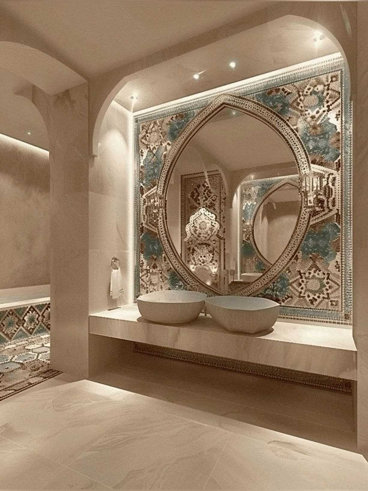 a bathroom with two sinks and a large mirror above the sink in front of it, classique, tadelakt