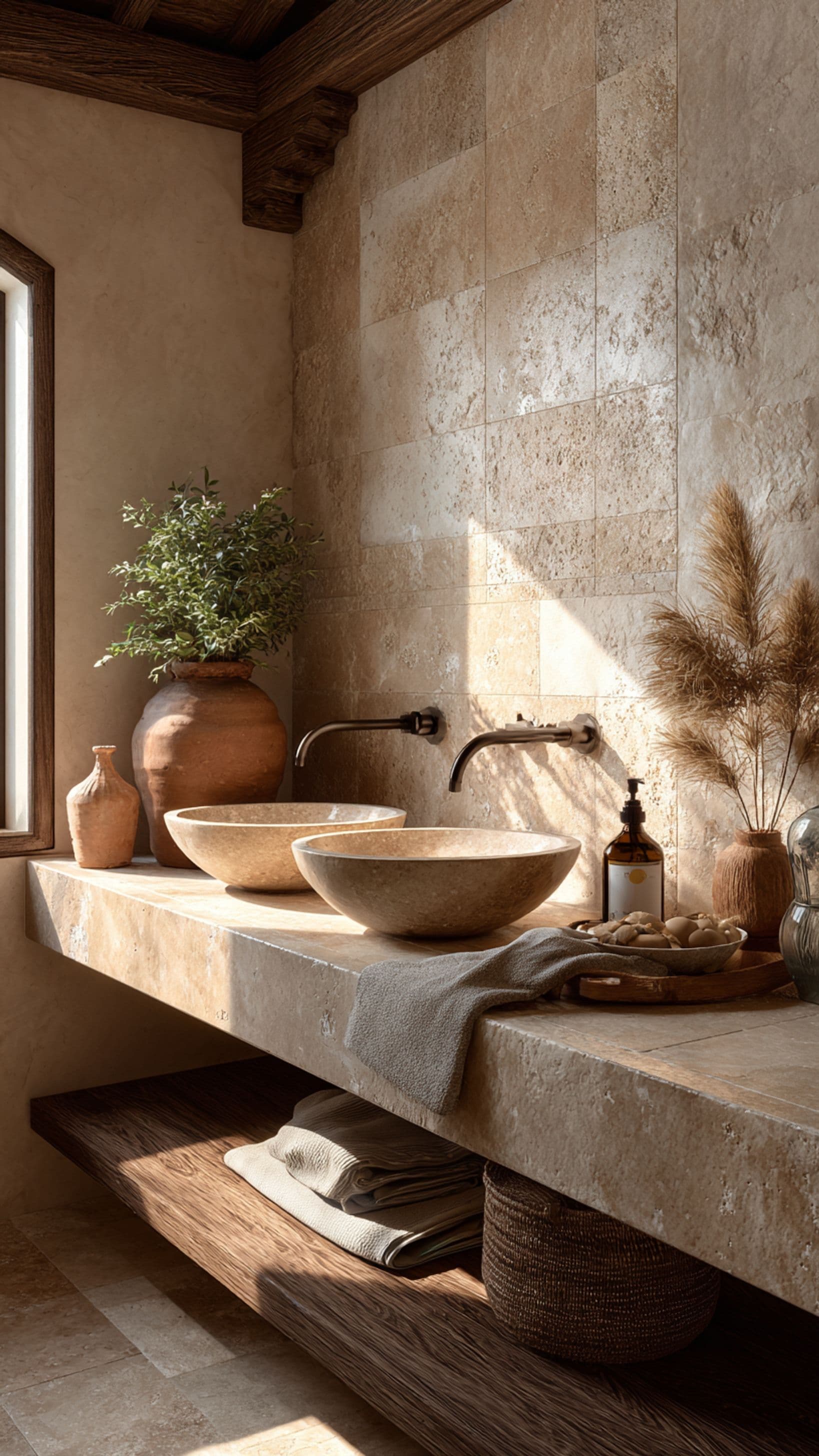 a bathroom with two sinks and vases on the counter next to each other in front of a window, classique, tadelakt