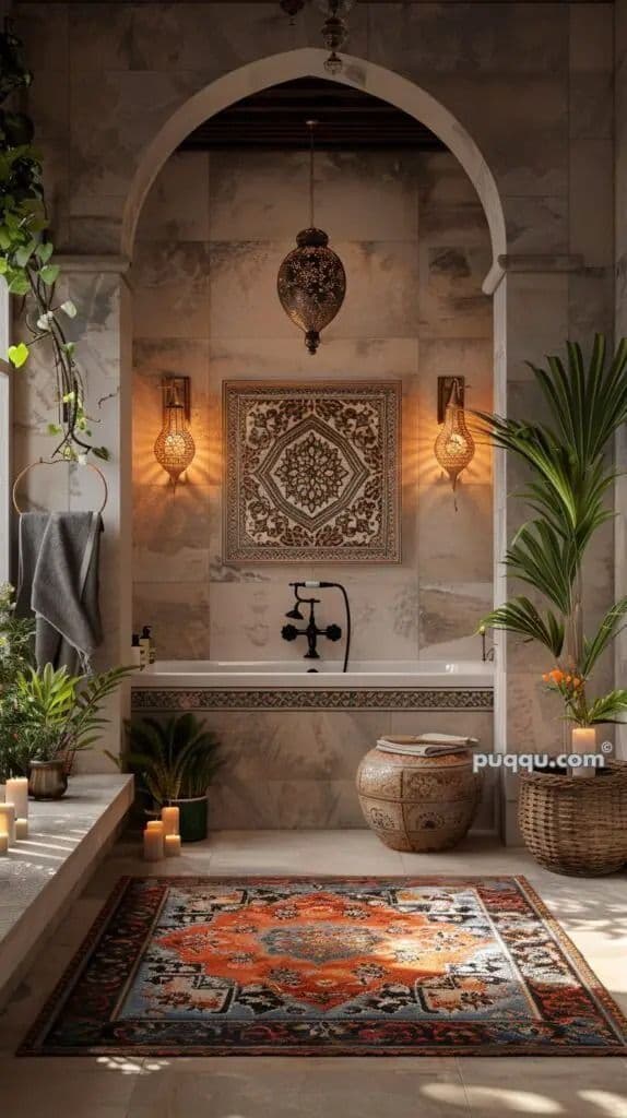 a bath room with a rug on the floor and potted plants next to it, classique, tadelakt