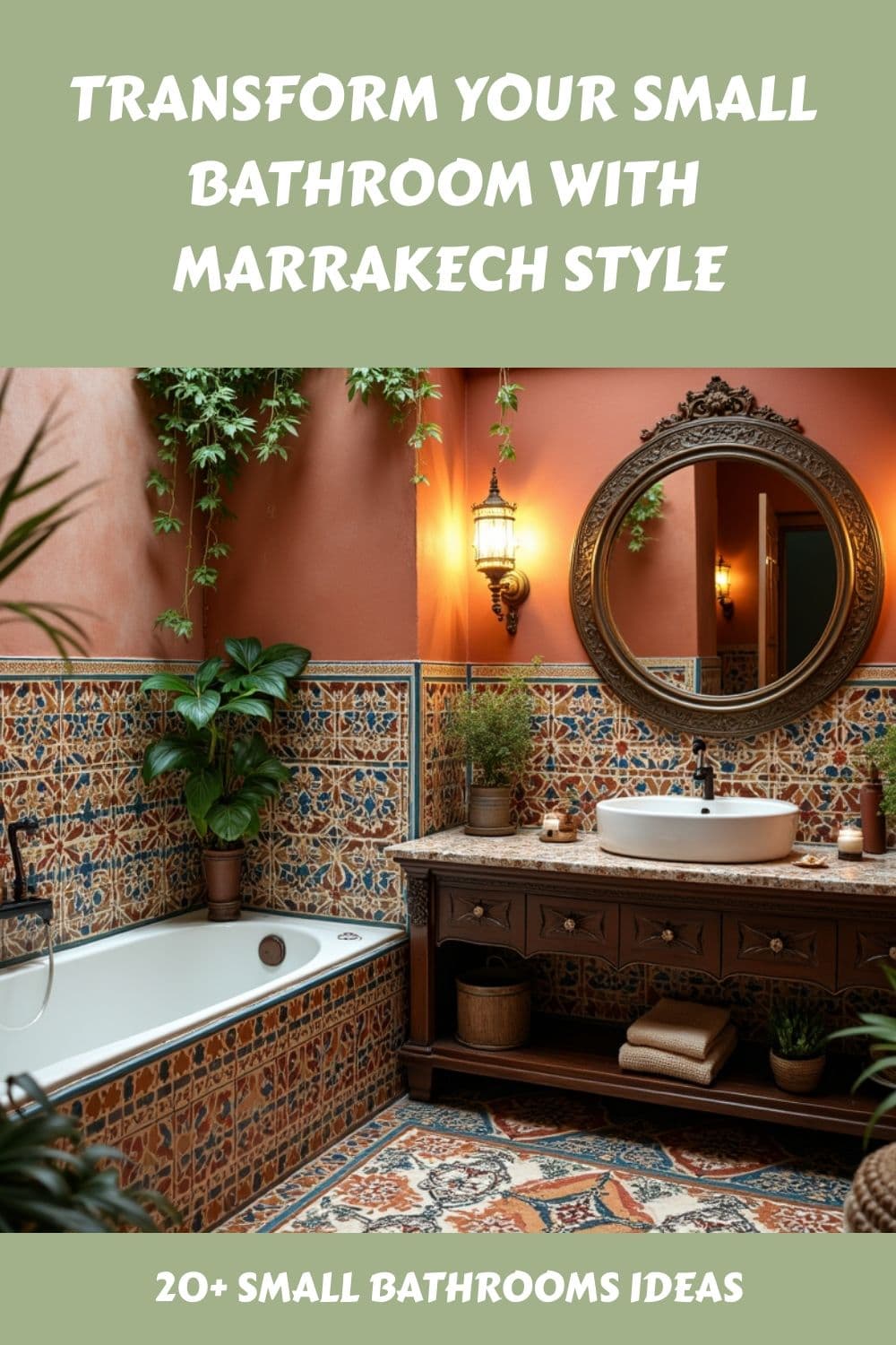 the bathroom is decorated with colorful tiles and plants, classique, zellige