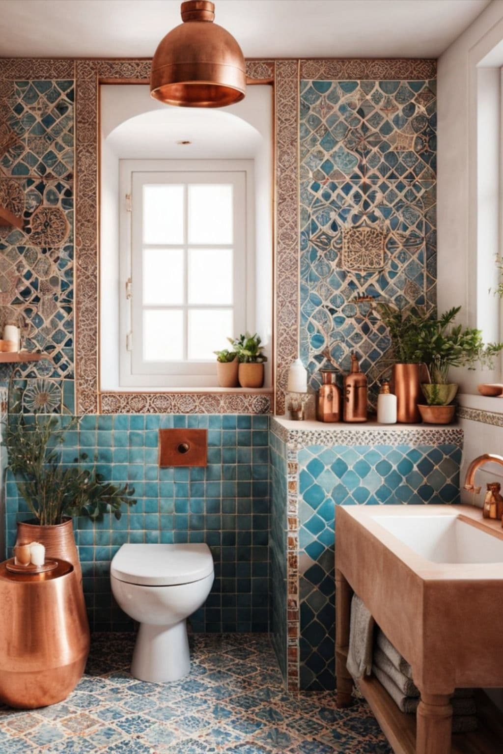 Bring exotic charm to your small bathroom with intricate Moroccan tiles and warm copper details. A vacation vibe in your own home. #MoroccanStyle #SmallBathroom #ExoticDesign Moroccan Themed Bathroom, Mediterranean Small Bathroom, Mediterranean Tiles Bathroom, Small Mediterranean Bathroom, Mediterranean Inspired Bathroom, Colourful Mediterranean Interior, Morocco Bathroom, Small Bathroom Mediterranean Style, Turkish Tile Bathroom, marocain, zellige, laiton