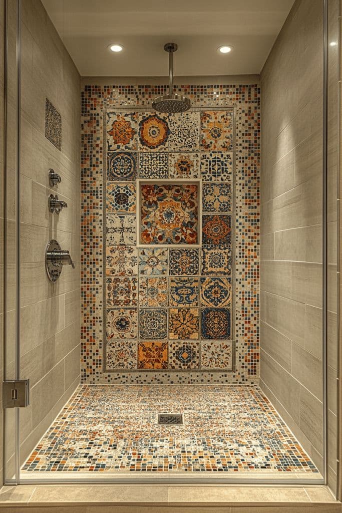 a tiled shower in a bathroom next to a toilet, classique, zellige