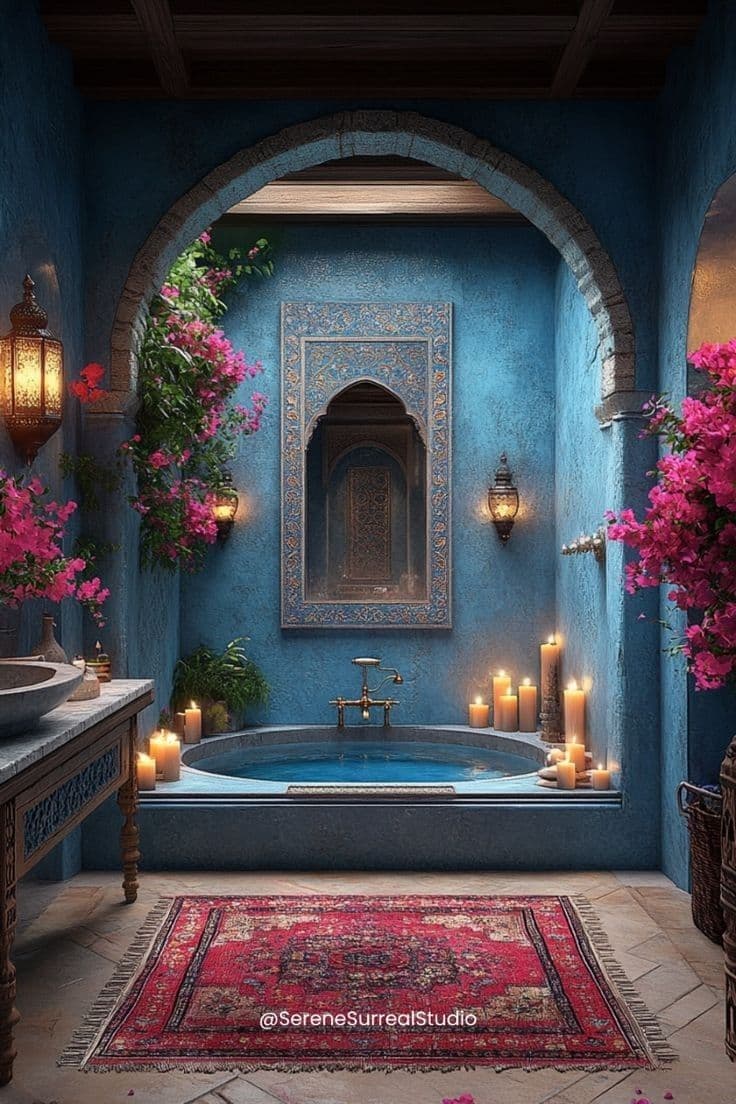 a blue bathroom with candles and flowers in the bathtub is decorated with pink bougaia, classique, tadelakt