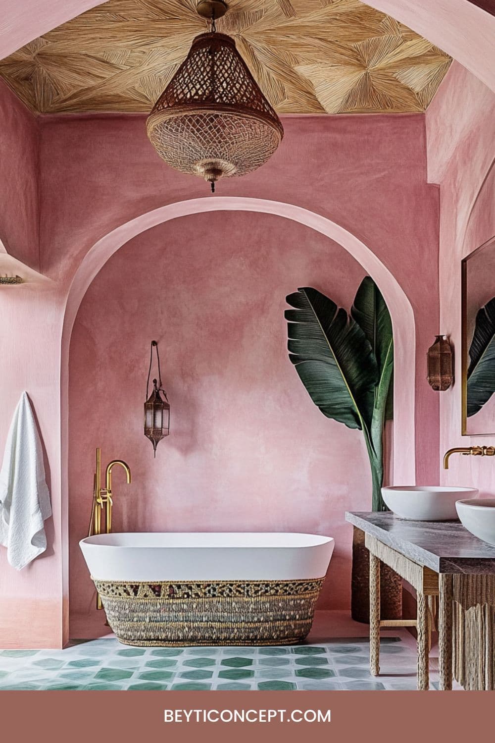 a bath room with a tub a sink and a large plant in the middle of it, classique, tadelakt