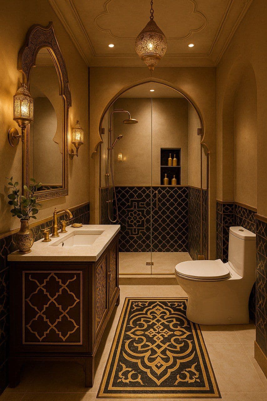 a bathroom with a toilet, sink and shower, classique, tadelakt