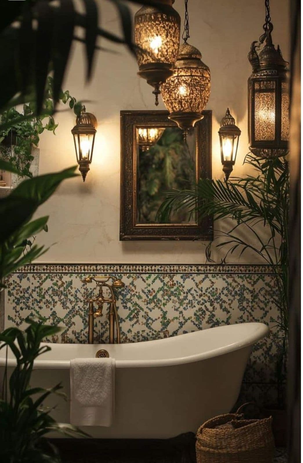a bath tub sitting under two hanging lights next to a mirror and potted plant, classique, tadelakt