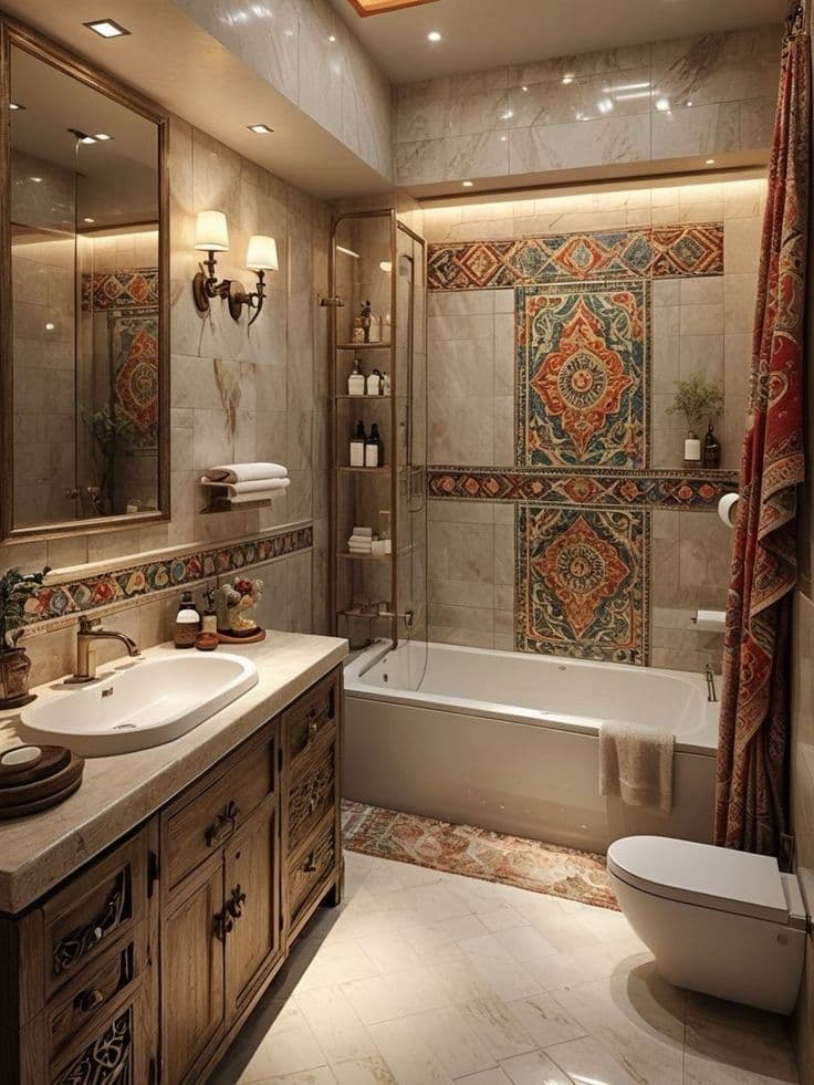 Moroccan Home Architecture, Pakistan Bathroom, Indian Style Home Design, Desi Bathroom, Bathroom Ideas Spanish Style, Neo Deco Bathroom, Hindu House, Spanish Tile Interior Design, Spanish Themed House, marocain, zellige