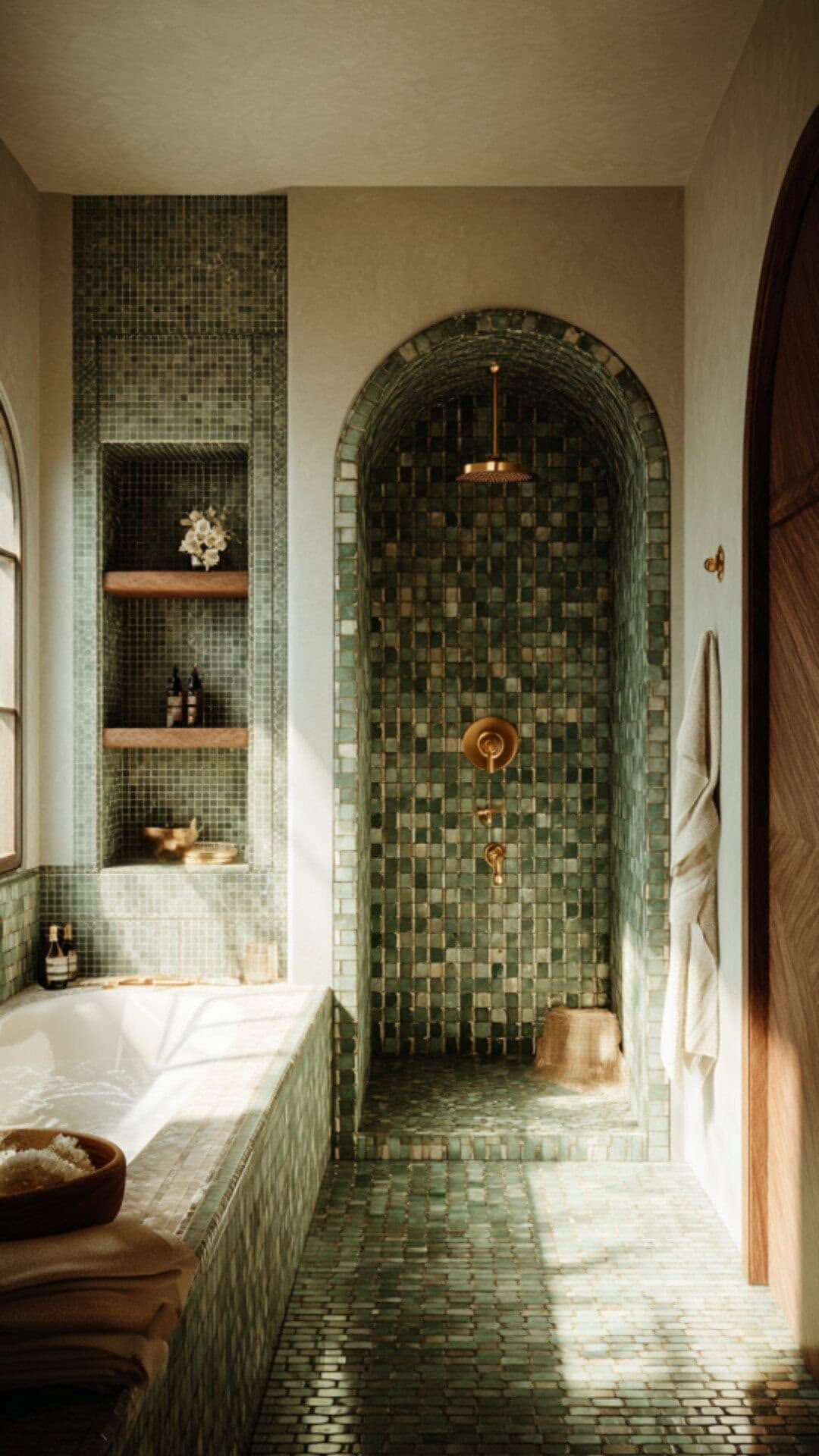 a bath room with a large tub and a sink next to a window on the wall, classique, tadelakt