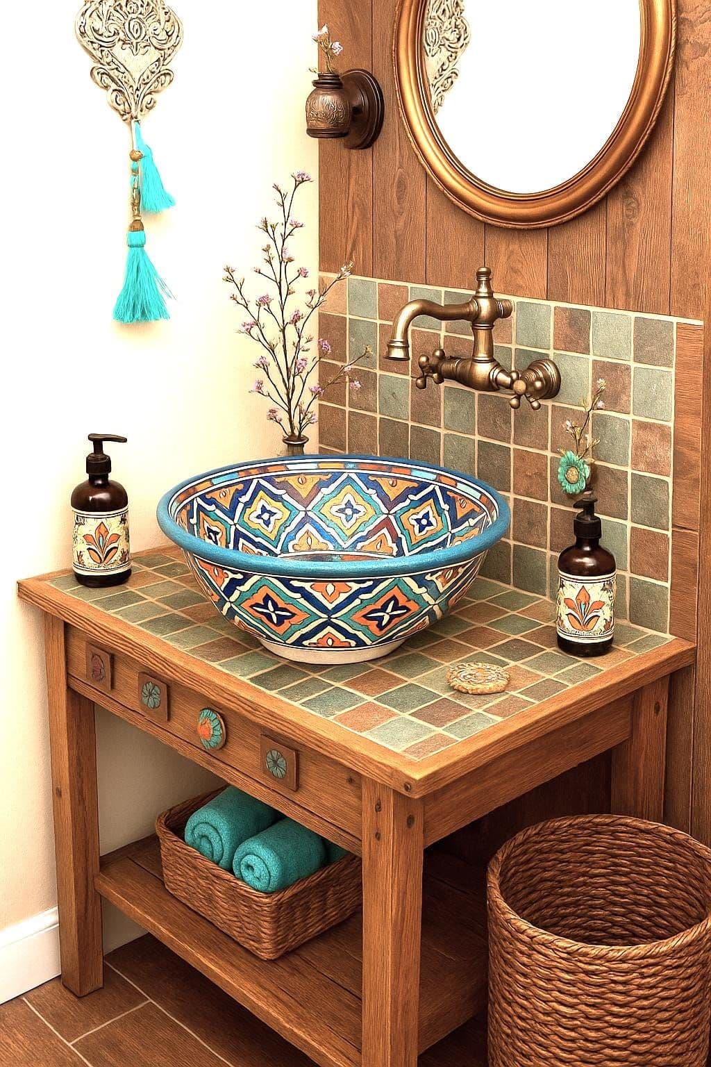 a bathroom with a sink, mirror and soap dispenser on the counter, classique, tadelakt