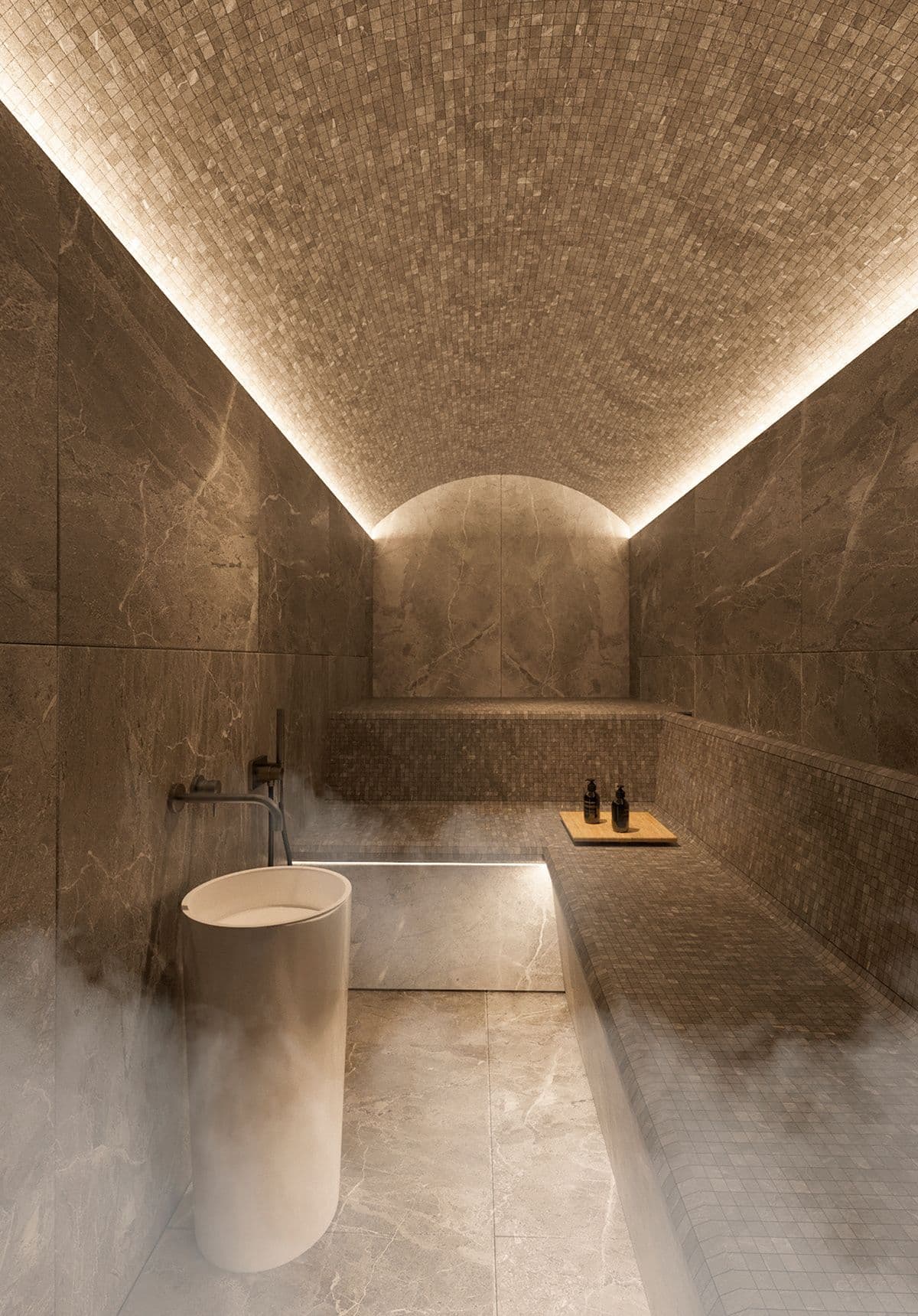 a very modern bathroom with steam coming out of the bathtub and lighting on the ceiling, moderne, tadelakt