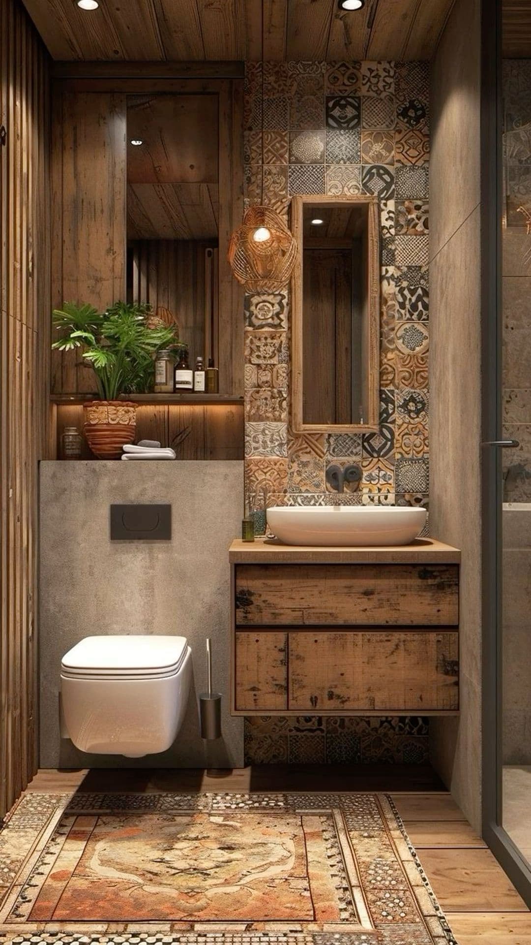 a bathroom with a toilet, sink and wooden paneling on the walls is shown, classique, bois
