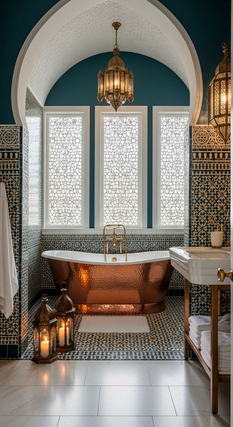 an ornate bathroom with copper bathtub, chandelier and two candles on the floor, classique, laiton