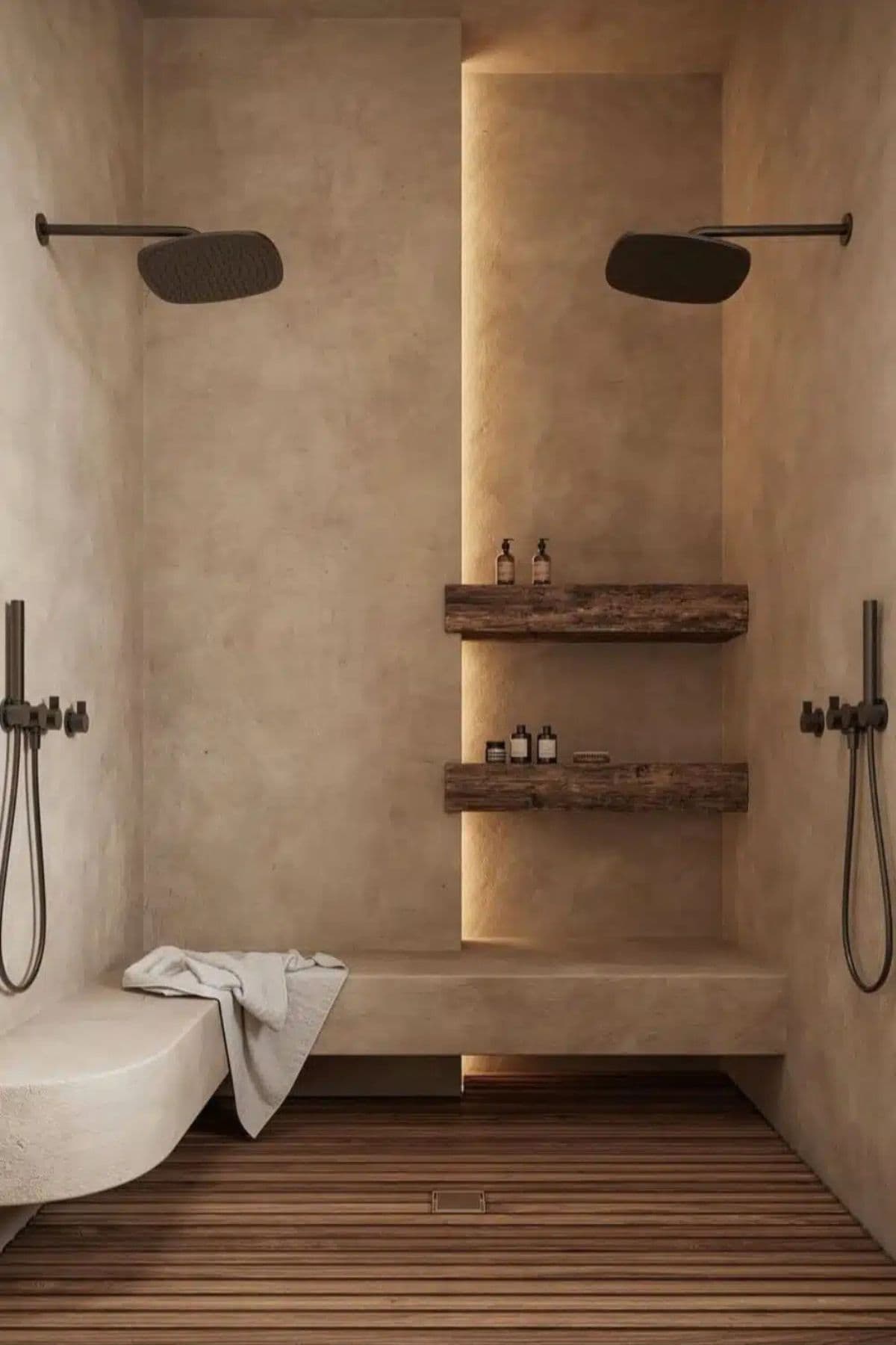 a bathroom with two shower heads and shelves on the wall, along with a wooden floor, classique, bois