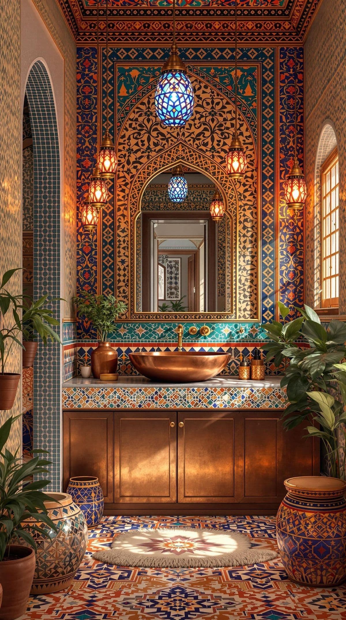 a fancy bathroom with an intricately decorated ceiling and tile work on the walls, along with potted plants, classique, zellige