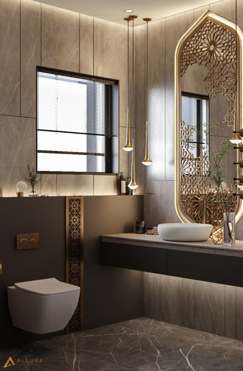 a bathroom with a sink, toilet and large mirror in the wall next to it, classique, tadelakt