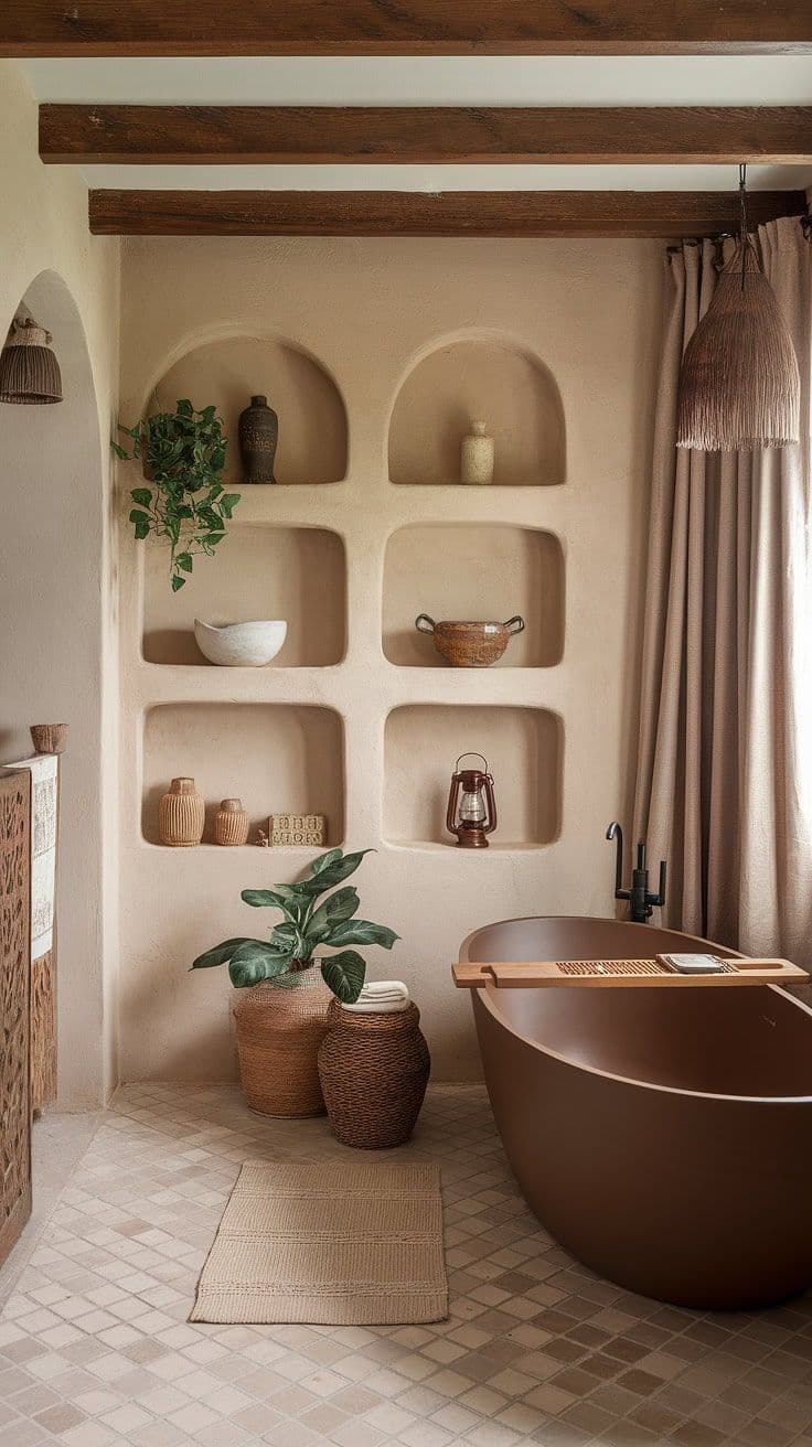 a bath tub sitting next to a wooden shelf filled with potted plants on top of it, classique, bois