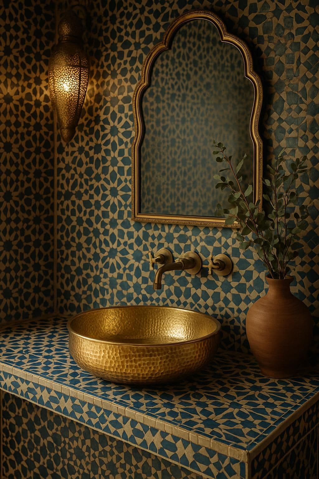 a gold bowl sink sitting on top of a blue counter next to a wall mounted mirror, classique, tadelakt