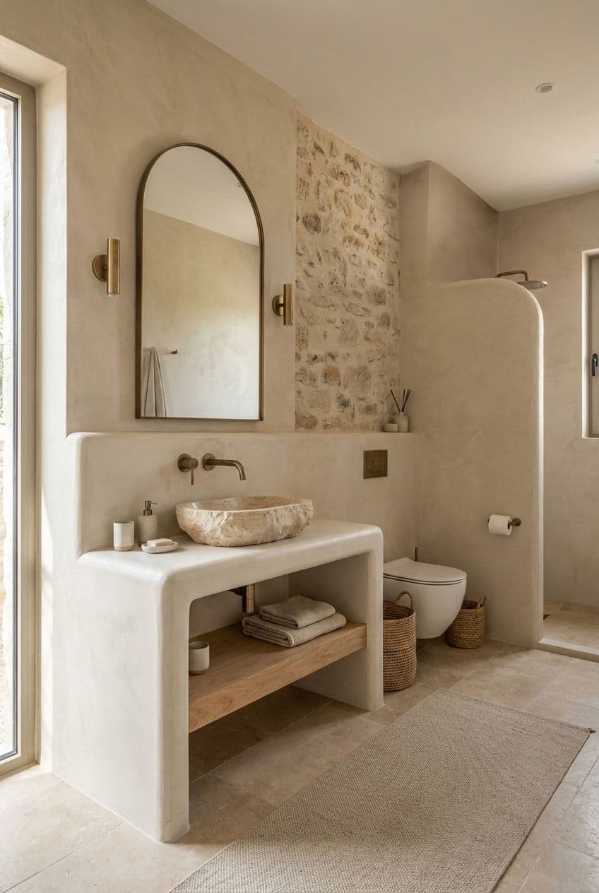 Japandi badkamer met natuurstenen wastafel, boogvormige spiegel en warme beige tinten in een rustige spa-stijl, classique, tadelakt