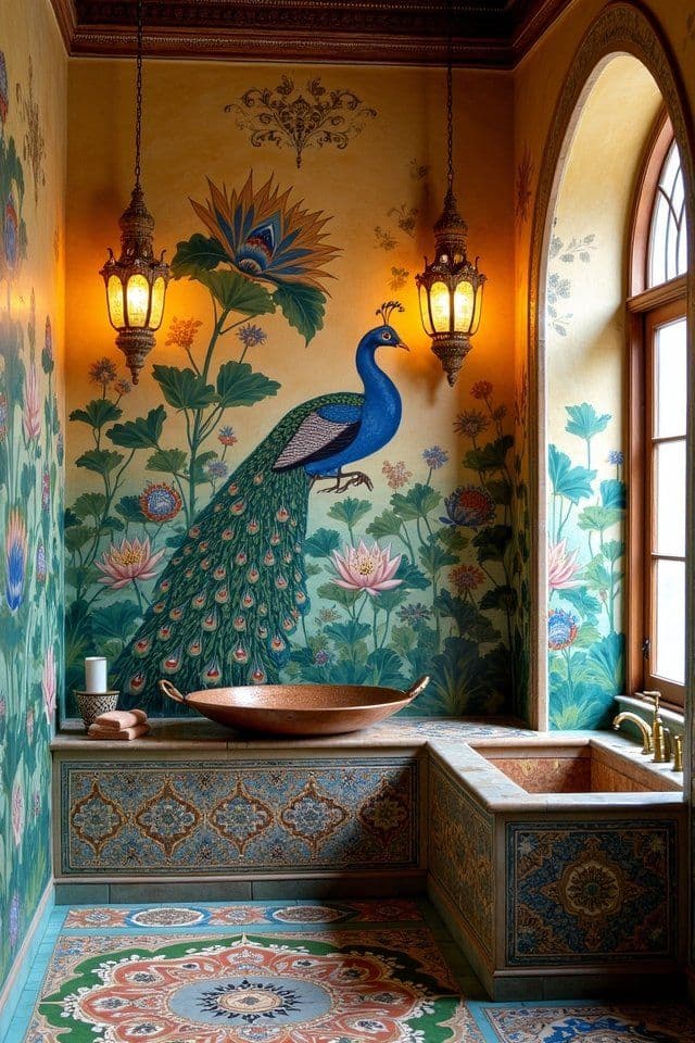 an ornate bathroom with a peacock mural on the wall, classique, tadelakt