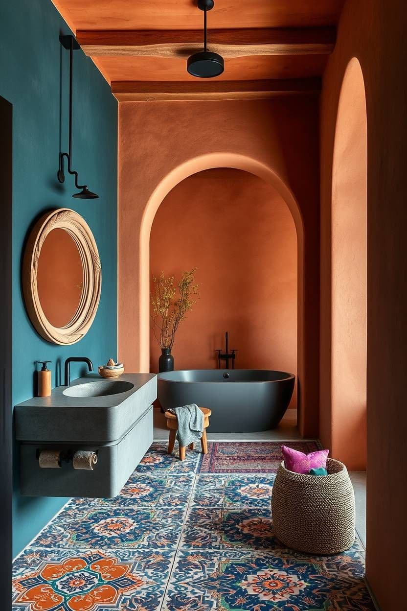 a bath room with a tub a sink and a rug on the floor in front of it, classique, tadelakt