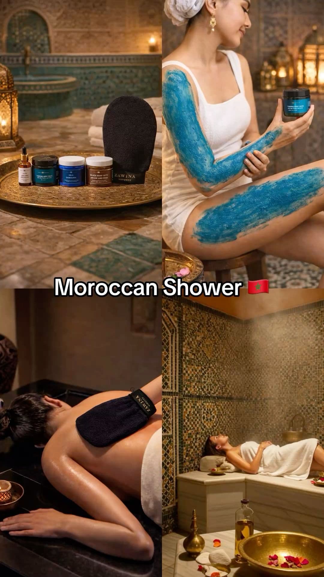The ultimate shower experience for glowing skin. #MoroccanSkincare #NaturalSkincare #AncientSkincare #TraditionalSkincare #HerbalSkincare #CleanBeautyRitual #GlowingSkinRoutine #SkincareRitual #HolisticBeauty #LuxurySkincare Moroccan Hammam, Moroccan Bath, Spa Interior Design, Glowing Skin Routine, Herbal Skin Care, Spa Interior, Body Acne, Holistic Beauty, Perfect Skin, marocain, tadelakt