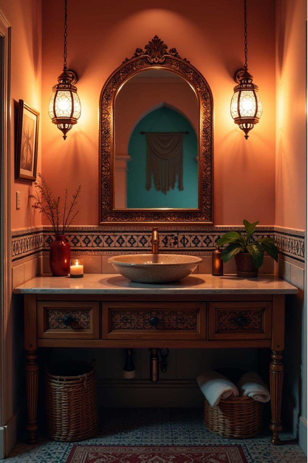 Bohemian bathroom vanity with Moroccan lanterns and patterned tiles, marocain, zellige